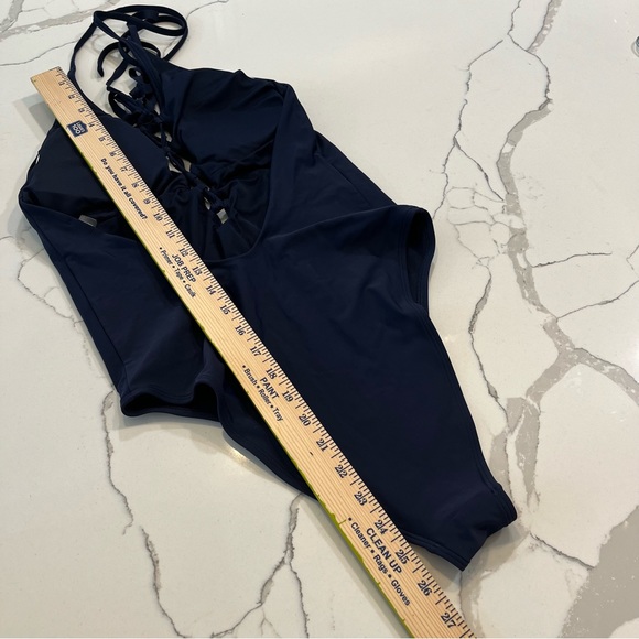 AERIE one piece navy blue swimsuit women’s large lace front low back high waist - Picture 4 of 10